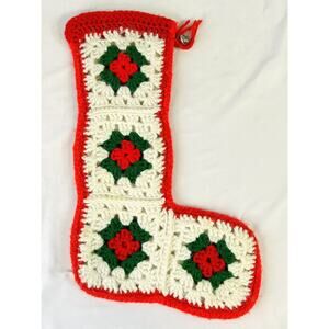 Vtg Christmas Stocking Crochet Granny Square Handmade Red Green White 17”